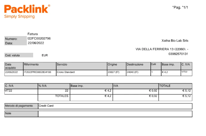 Fattura Packlink con errore calcolo arrotondamento IVA